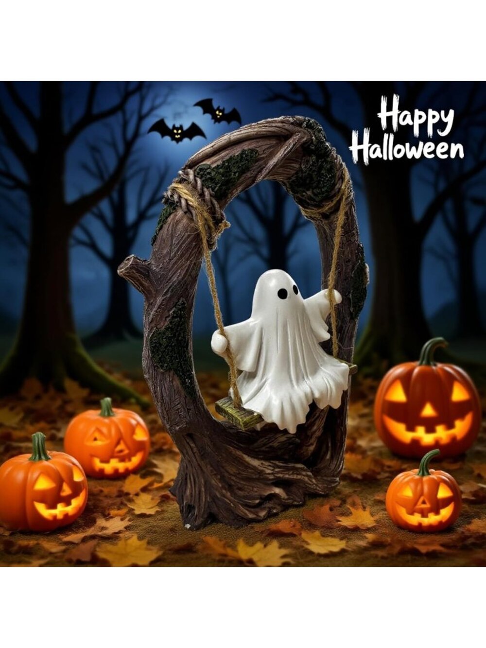 Swinging Ghost on Tree Swing Figurine Cute Halloween Indoor Outdoor Garden Decor - Picture 5 of 7